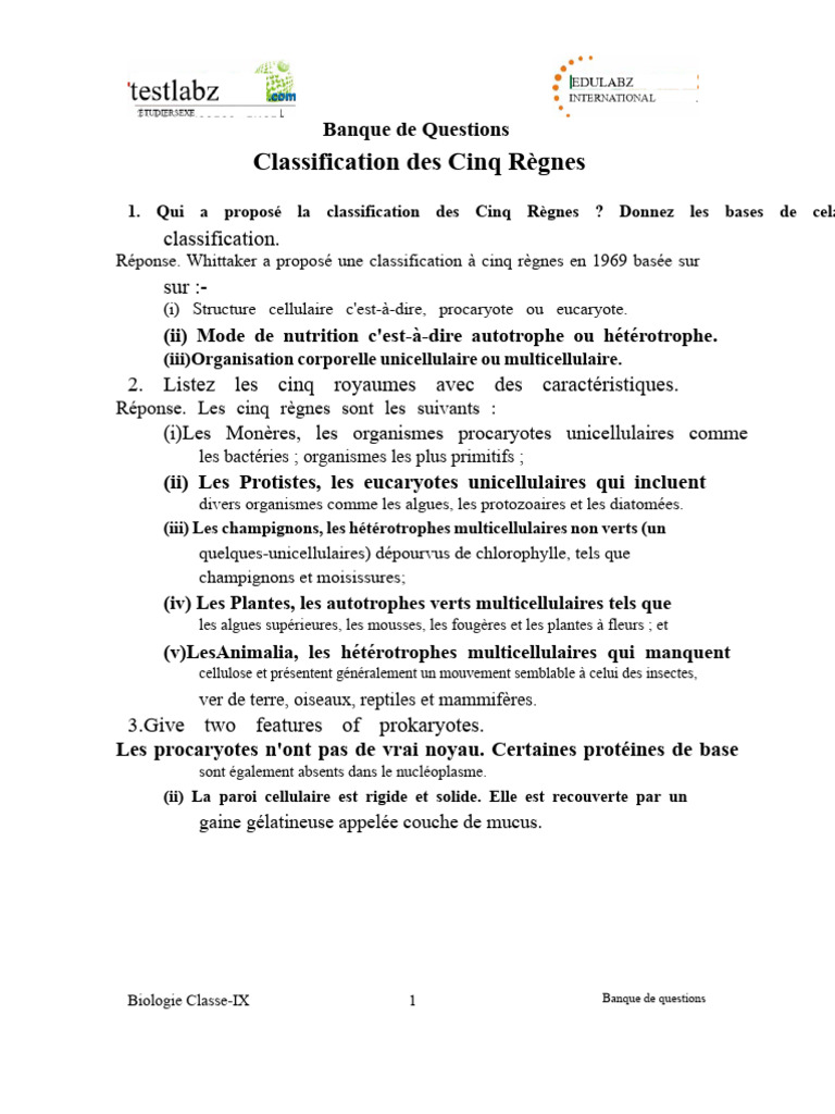 Classification des Cinq Règnes en Biologie | PDF | Biologie | Organismes