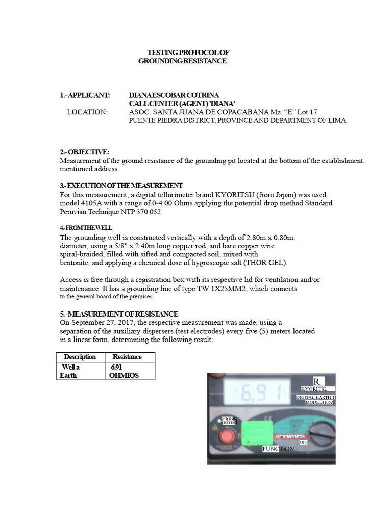 Grounding Resistance Testing Protocol | PDF | Electricity