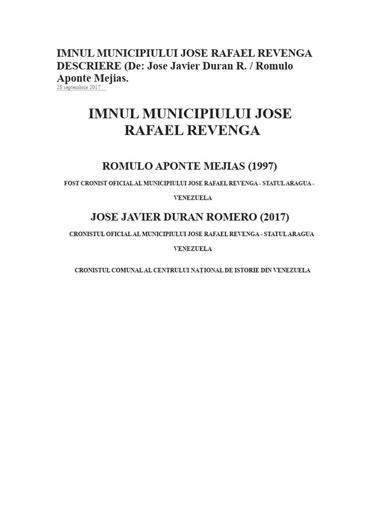 Imnul Municipiului Jose Rafael Revenga | PDF
