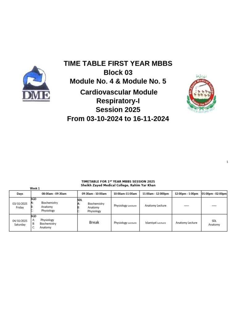 First Year MBBS Timetable 2025 | PDF | Clinical Medicine | Medical ...