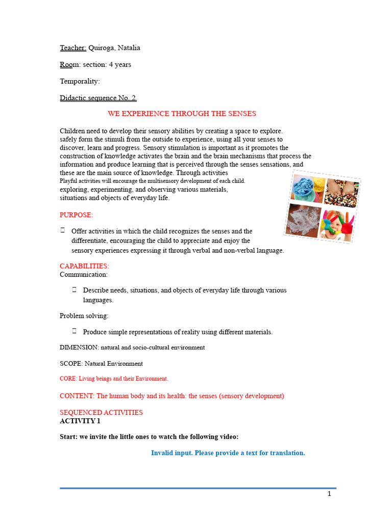Sensory Development Activities for Kids | PDF | Senses | Perception