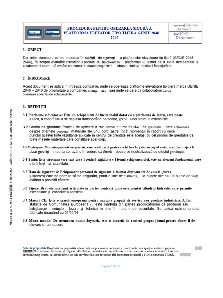 Procedura Pentru Operarea În Siguranță A Platformei Elevatoare Tip ...