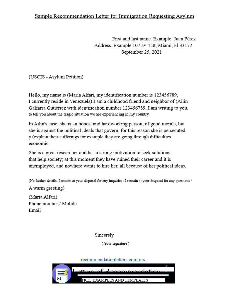 Example of A Recommendation Letter For Immigration Requesting Political ...