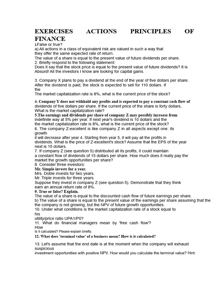 Finance Principles and Exercises Guide | PDF | Dividend | Stocks