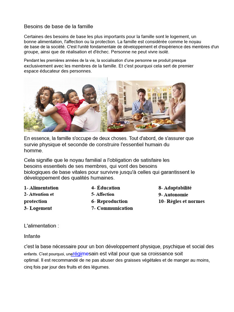 Besoins Fondamentaux de La Famille | PDF | Nutrition | Régime et nutrition