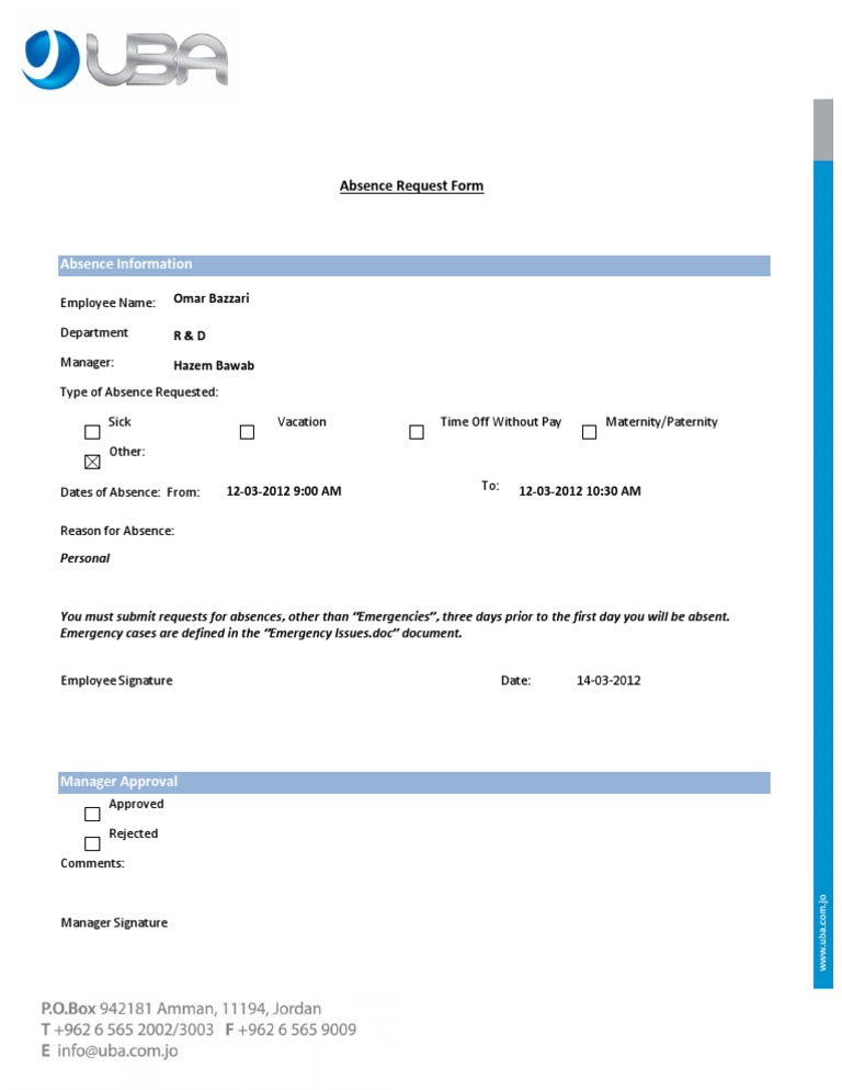 Employee Absence Request Form | PDF