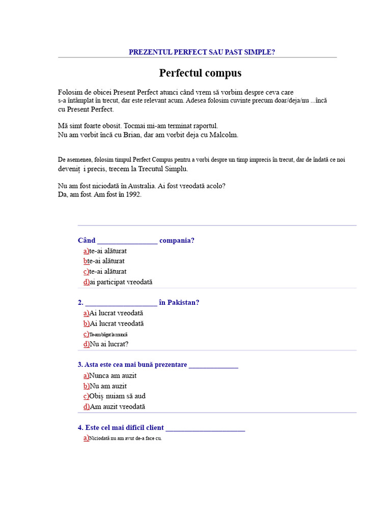 Timpul Perfect Compus Sau Trecut Simplu - Întrebări Cu Răspunsuri ...