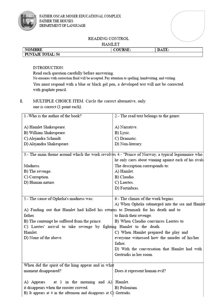 Hamlet Reading Comprehension Test | PDF | Hamlet | Multiple Choice