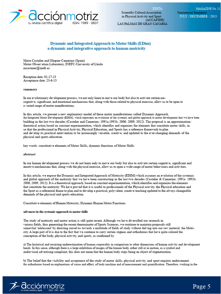 Dynamic and Integrated Approach To Motor Skills (EDIM) 2013 PDF | PDF ...