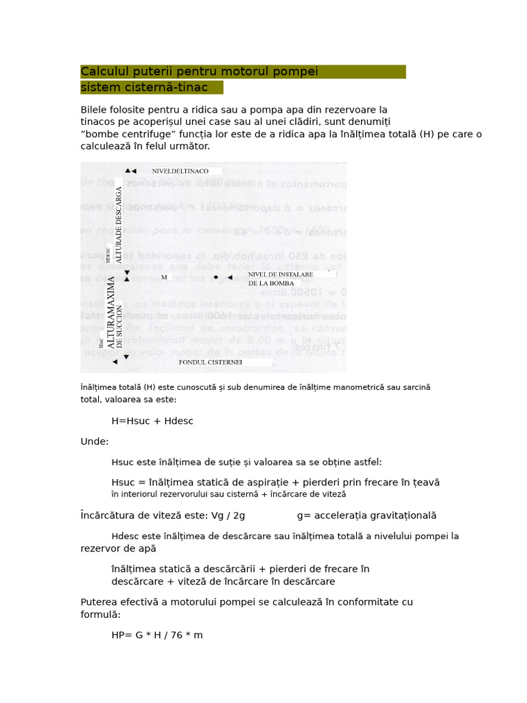 Calculul Puterii Pentru Motorul Pompei Sistemului Rezervor-Cisternă. | PDF