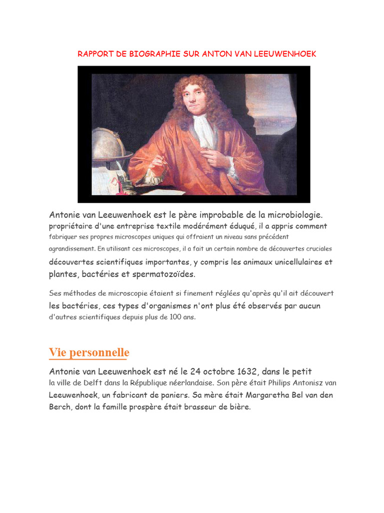 Antonie van Leeuwenhoek : Pionnier de la Microbiologie | PDF