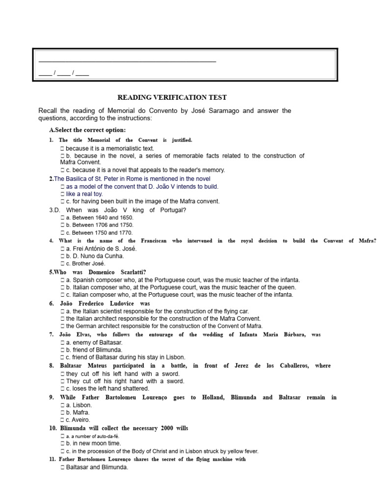 Memorial do Convento Reading Test | PDF