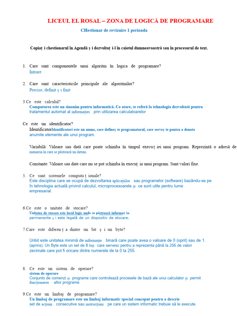 Chestionar Logică de Programare Prima Perioadă Rezolvat | PDF