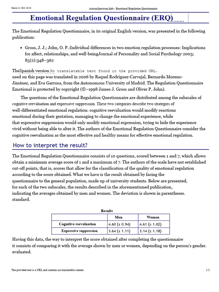 Emotional Regulation Questionnaire Overview | PDF | Emotional Self ...