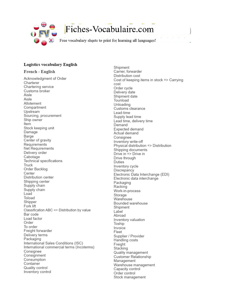 Logistics Vocabulary: English-French Guide | PDF | Logistics | Warehouse