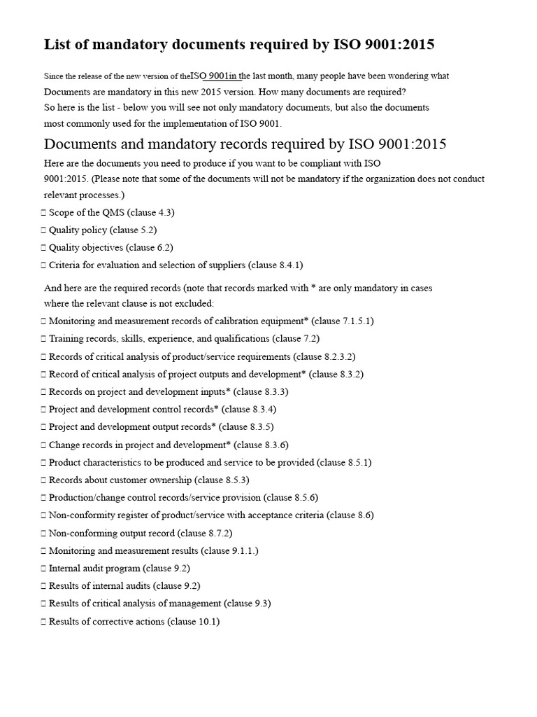 List of Mandatory Documents Required by ISO 9001:2015 | PDF | Quality ...