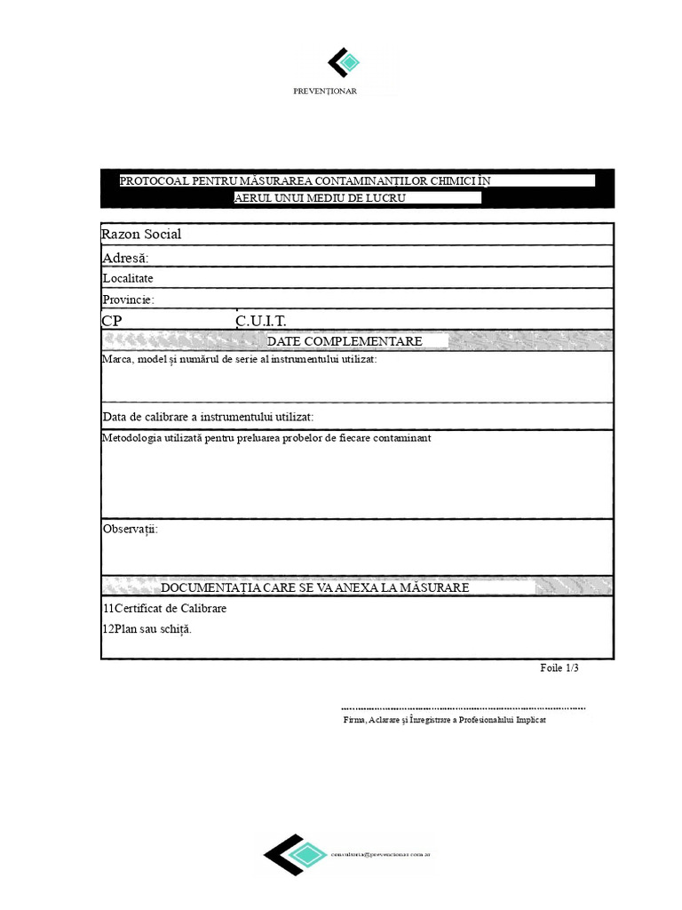 Formular Protocoll de Măsurare A Contaminanților Chimici - Prevenire | PDF
