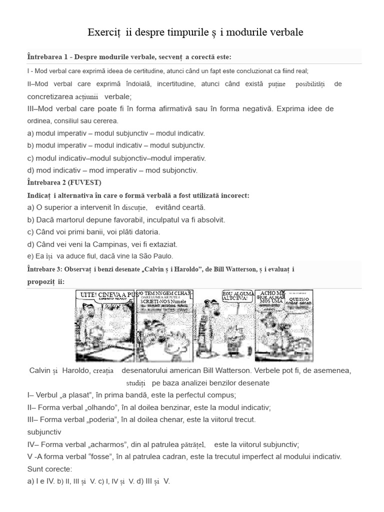 Exerciții Despre Timpurile Și Modurile Verbale | PDF