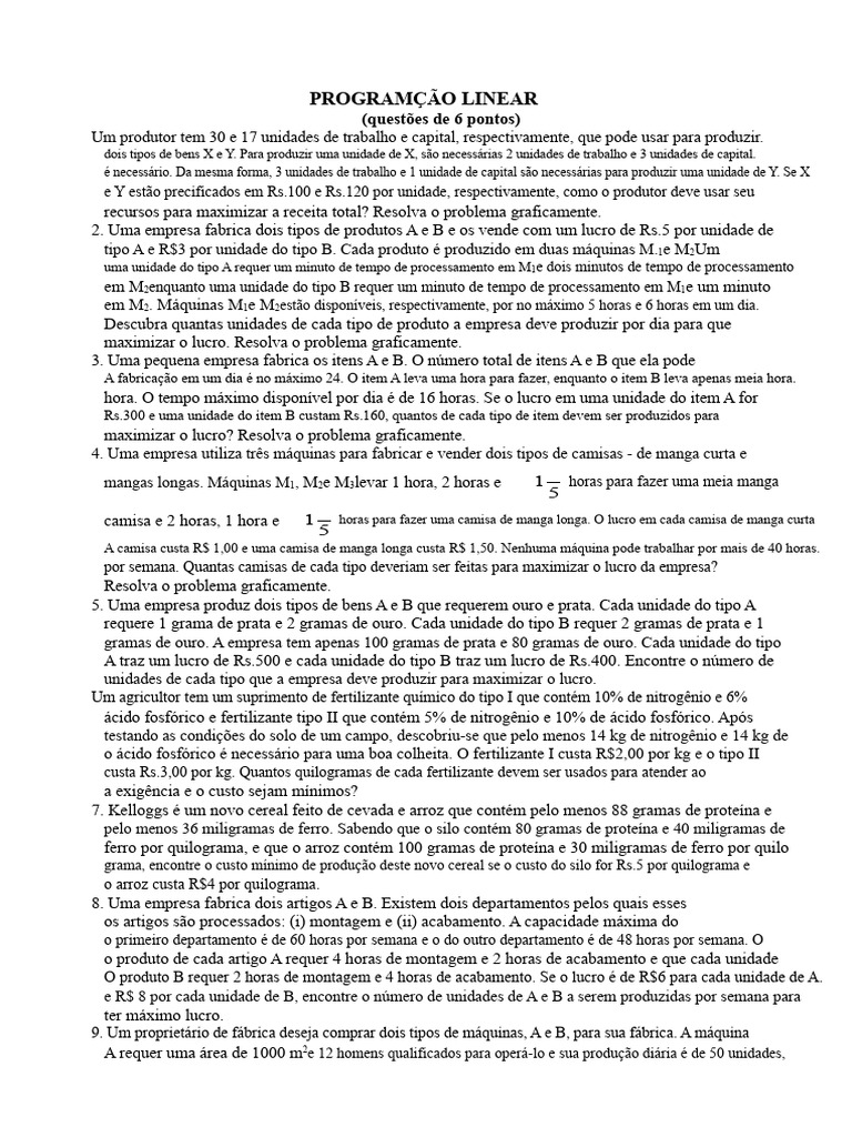 Problemas de Programação Linear e Otimização | PDF | Programação linear ...