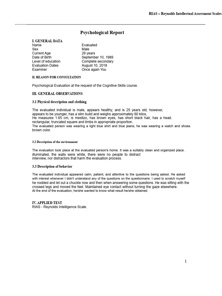 RIAS Evaluation Report for Male Client | PDF | Intelligence | Nonverbal ...