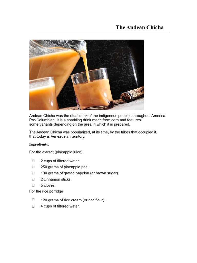 Andean Chicha: Traditional Recipe Guide | PDF | Drink | Milk