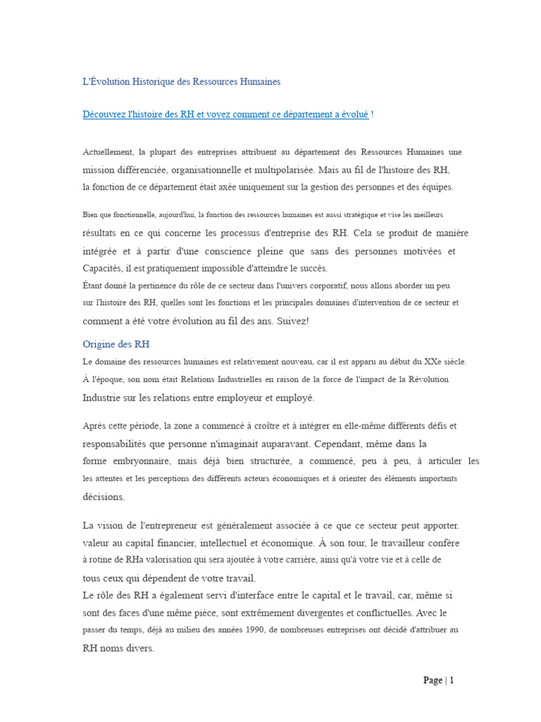 Histoire et évolution des ressources humaines | PDF | Gestion des ...