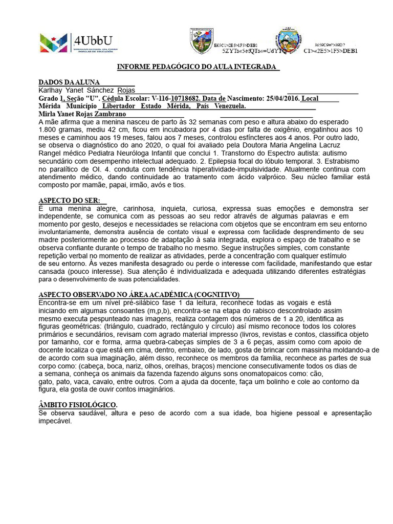 Informe Pedagógico: Karlhay Sánchez Rojas | PDF | Aprendizado | Pedagogia