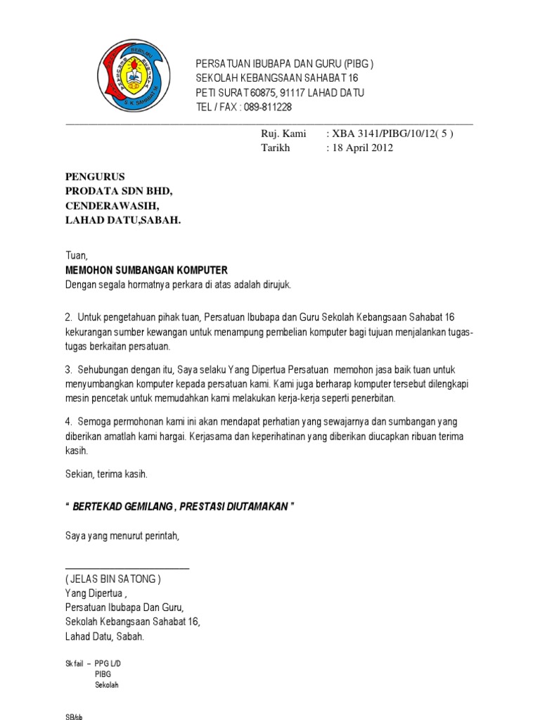 Contoh Surat Rasmi Memohon Sumbangan Ketua Kampung