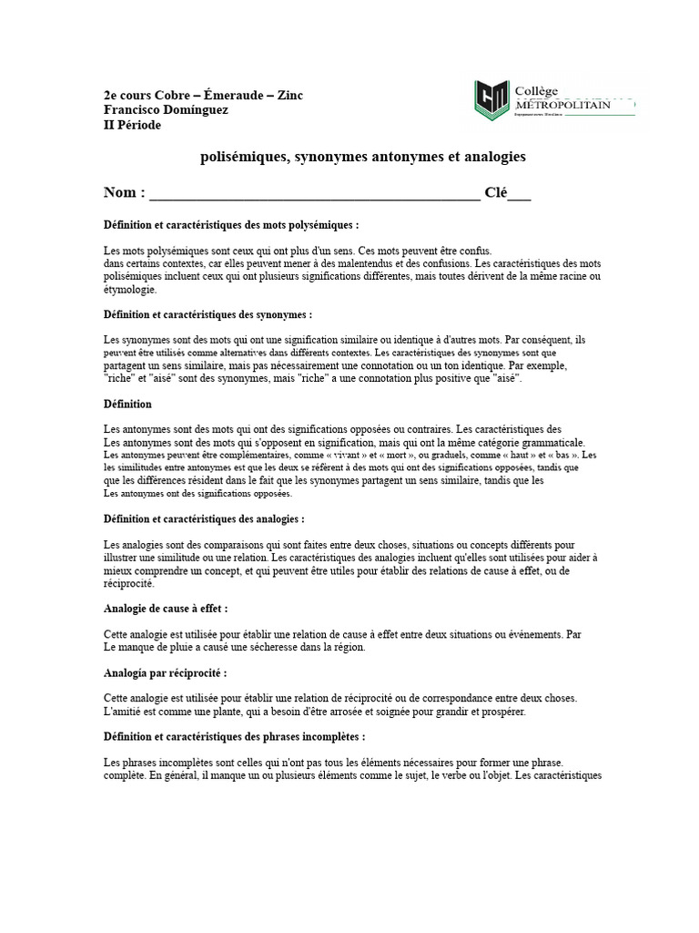 Polysémie, synonymes et antonymes | PDF | Sémantique | Linguistique