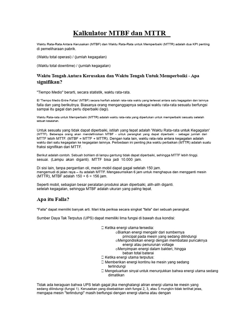 Kalkulator MTBF dan MTTR untuk Pabrik | PDF