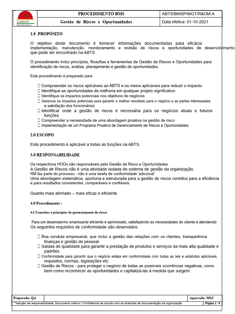 Gestão de Riscos e Oportunidades ABTS | PDF | Avaliação de risco | Risco