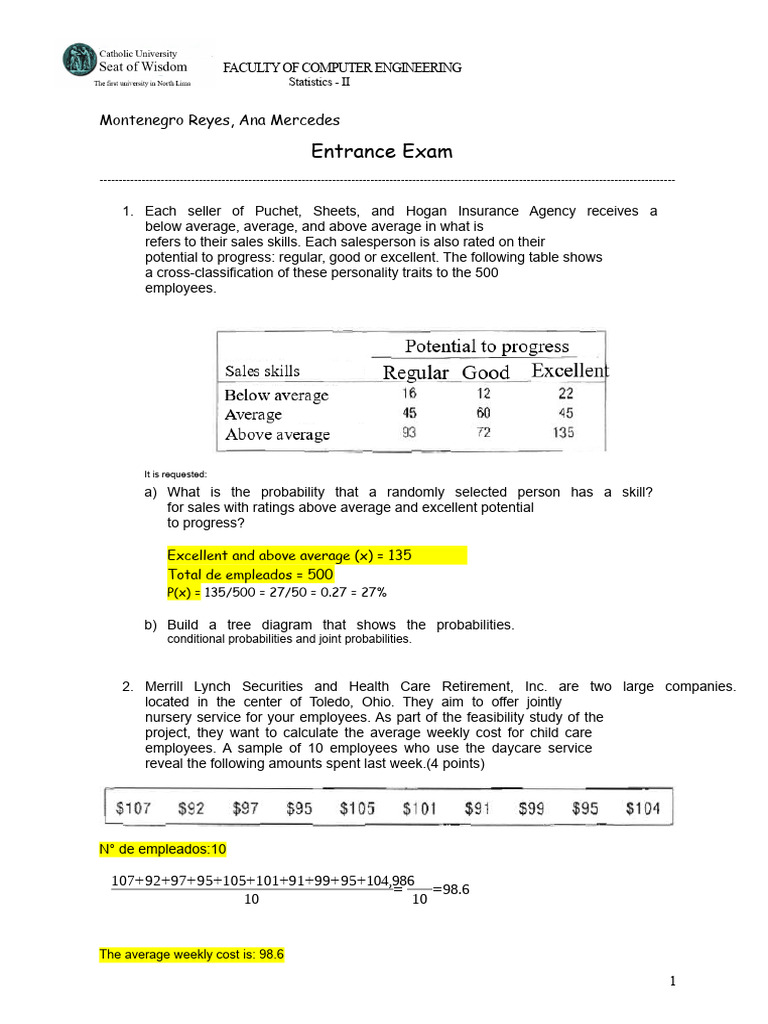 Entrance Exam STATISTICS 2 | PDF | Child Care | Statistical Significance