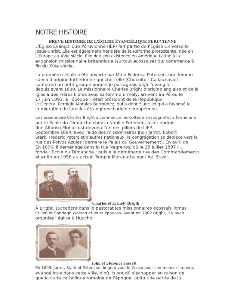 Histoire de l'Église Évangélique Péruvienne | PDF | Pérou | Missionnaire