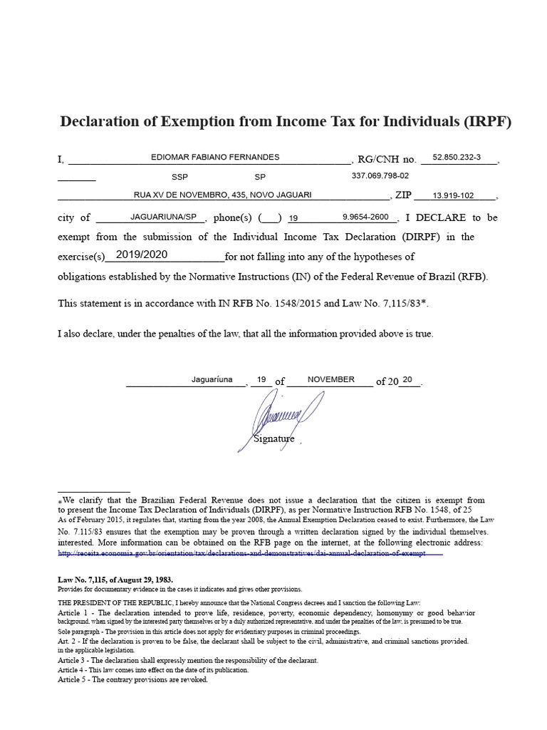 Income Tax Exemption Declaration Form | PDF | Public Law | Government