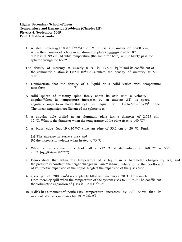 Temperature and Expansion Physics Problems | PDF