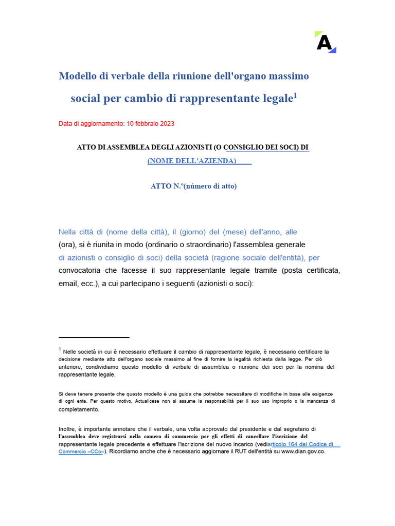 Modello Di Verbale Di Cambio Del Rappresentante Legale PDF