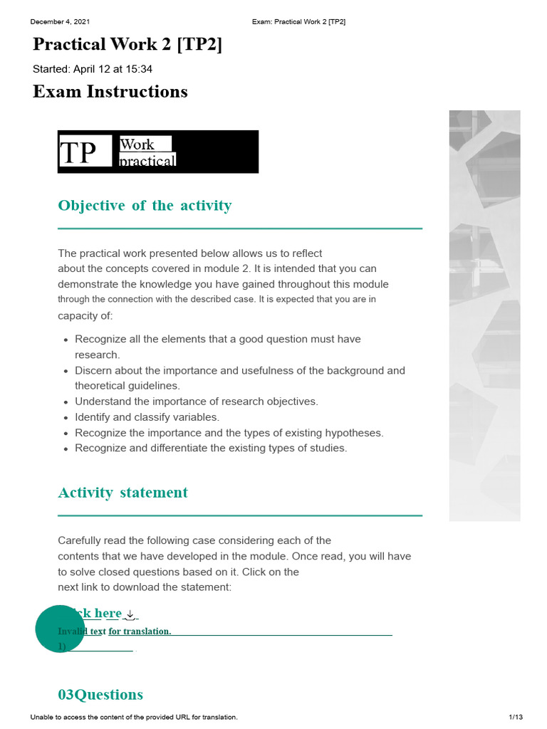 Practical Work 2 Exam Instructions | PDF | Hypothesis | Quantitative ...