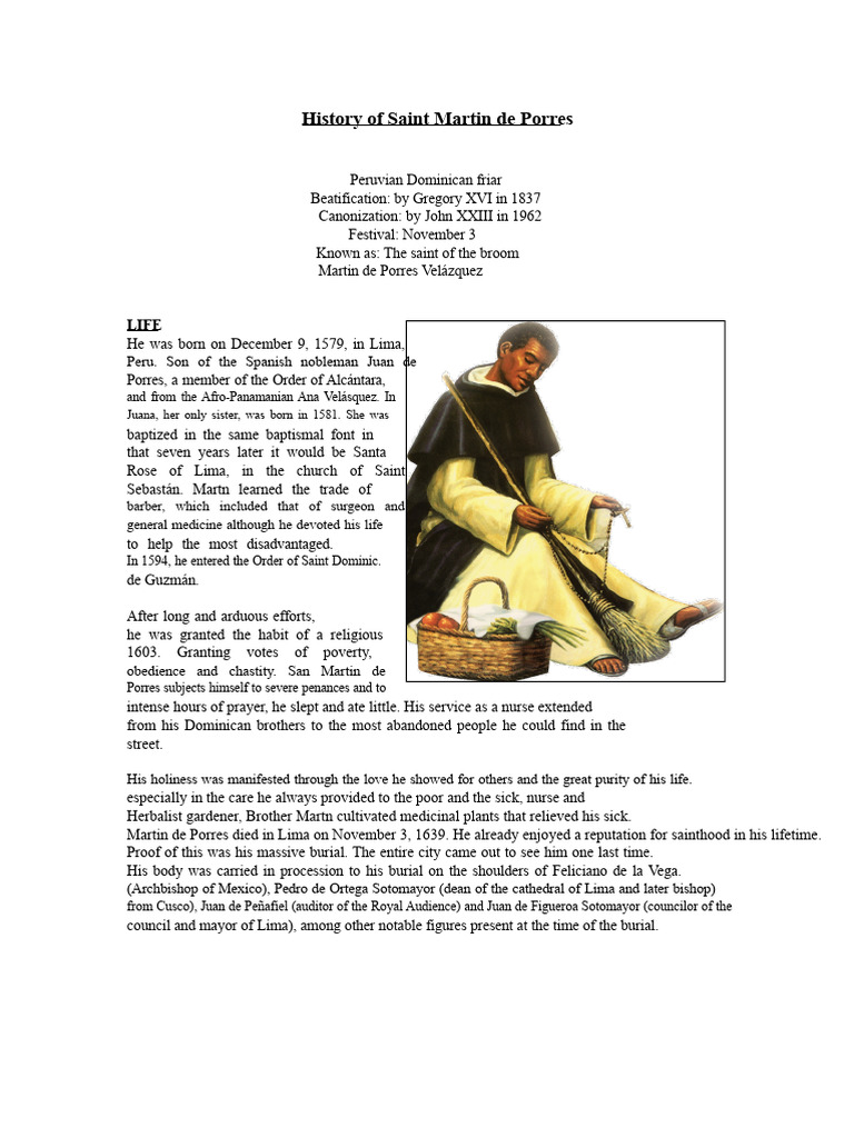 Life and Legacy of Saint Martin de Porres | PDF | Catholic Church