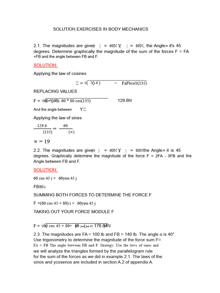 Body Mechanics Force Summation Exercises | PDF | Trigonometry ...