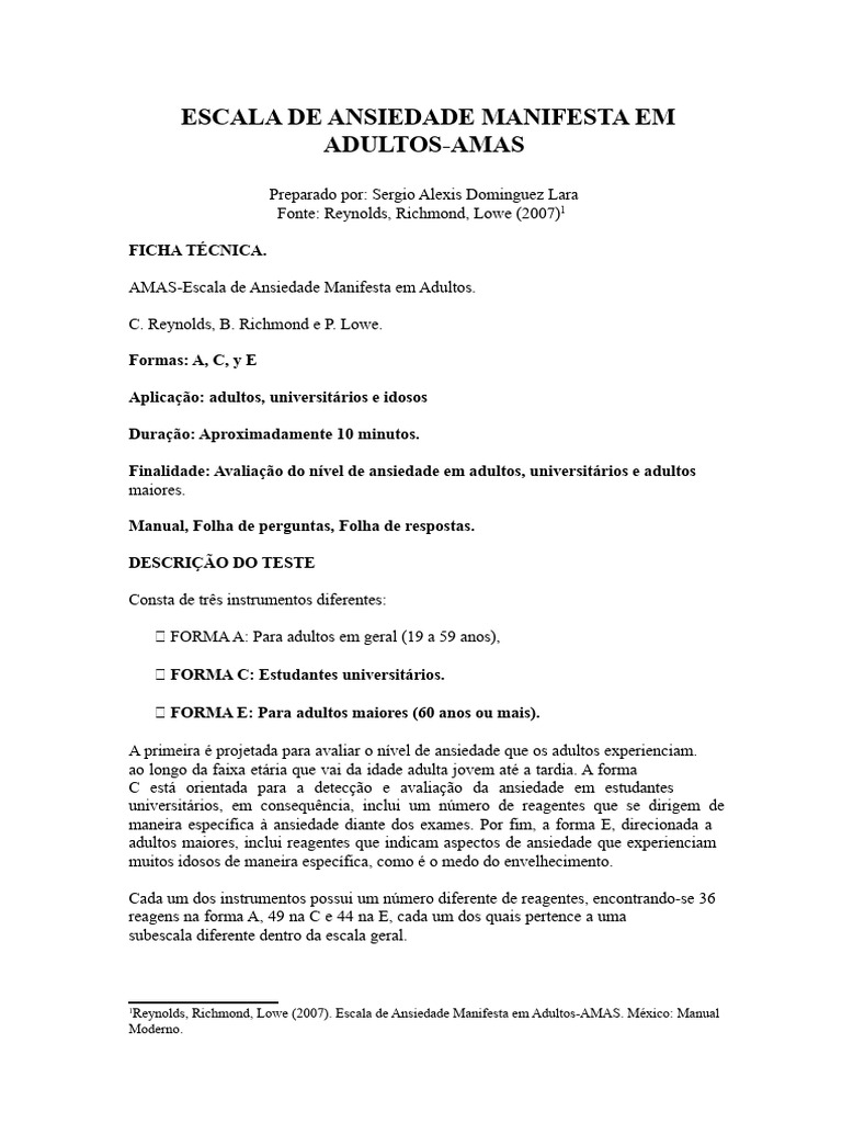 Escala de Ansiedade Manifesta AMAS | PDF | Ciências comportamentais