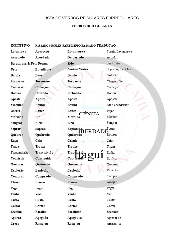 Lista de Verbos Regulares e Irregulares | PDF