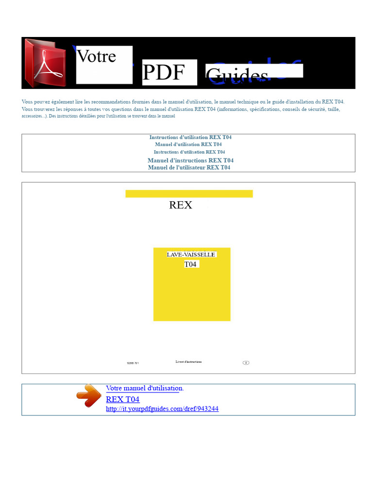 Manuel d'utilisation du REX T04 | PDF | Lave-vaisselles