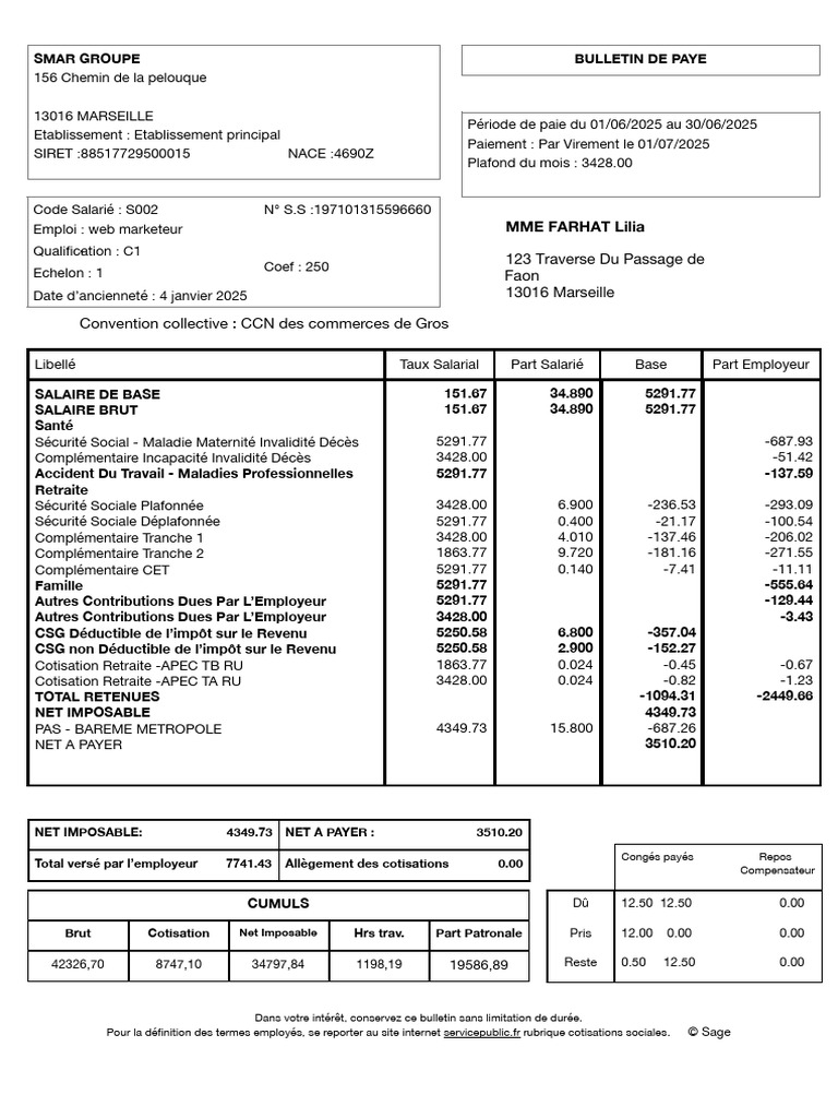 Bulletin de paie de MME FARHAT Lilia | PDF | Bulletin de salaire (droit ...