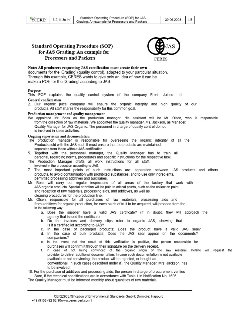 Standard Operating Procedure (SOP) For JAS Grading - An Example For ...