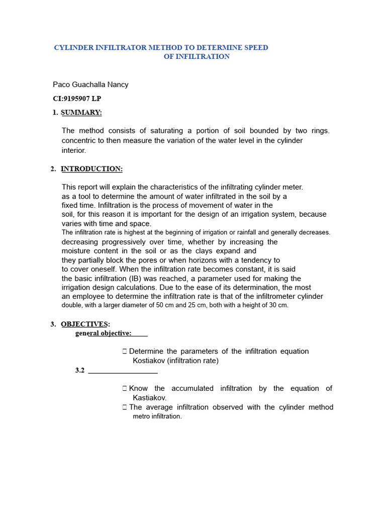 Cylinder Method for Soil Infiltration Rate | PDF | Soil | Water