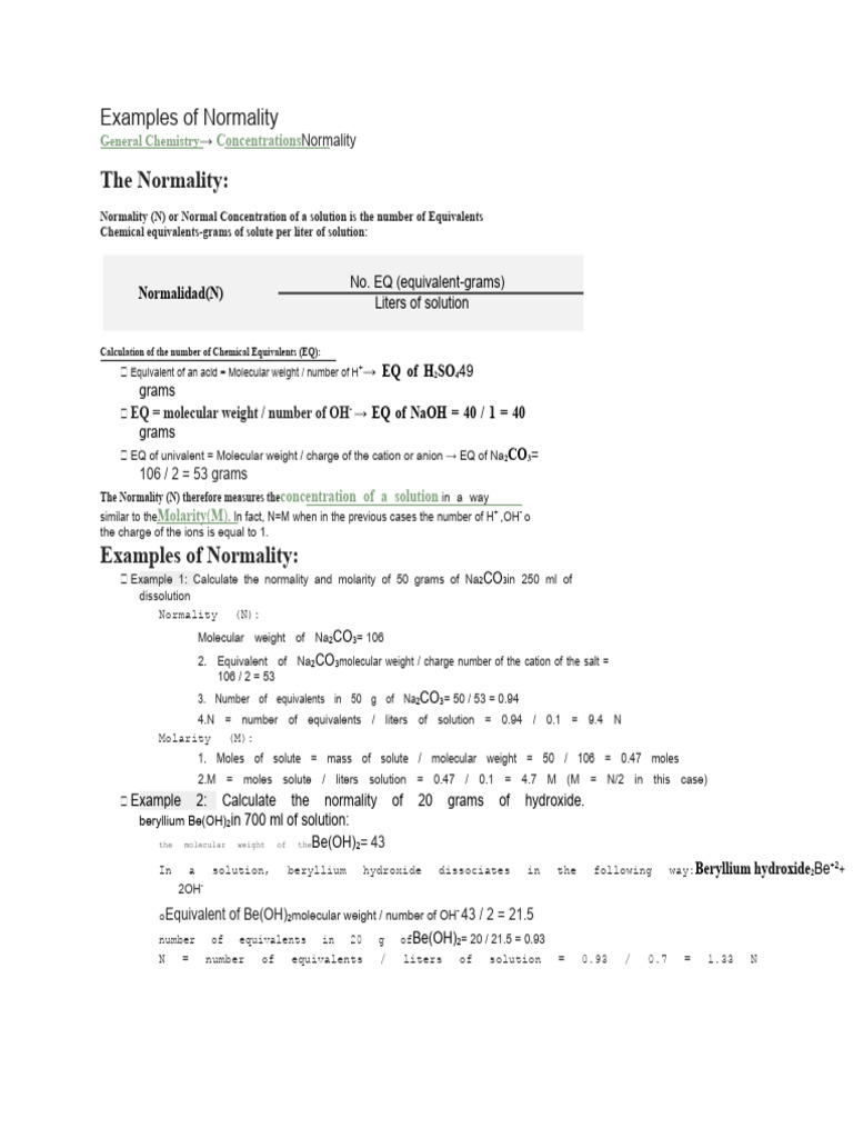 Normality Calculation Examples | PDF | Solubility | Mole (Unit)