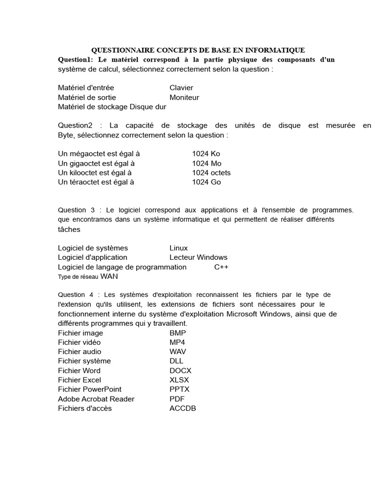 Questionnaire sur les concepts informatiques | PDF | Système d ...