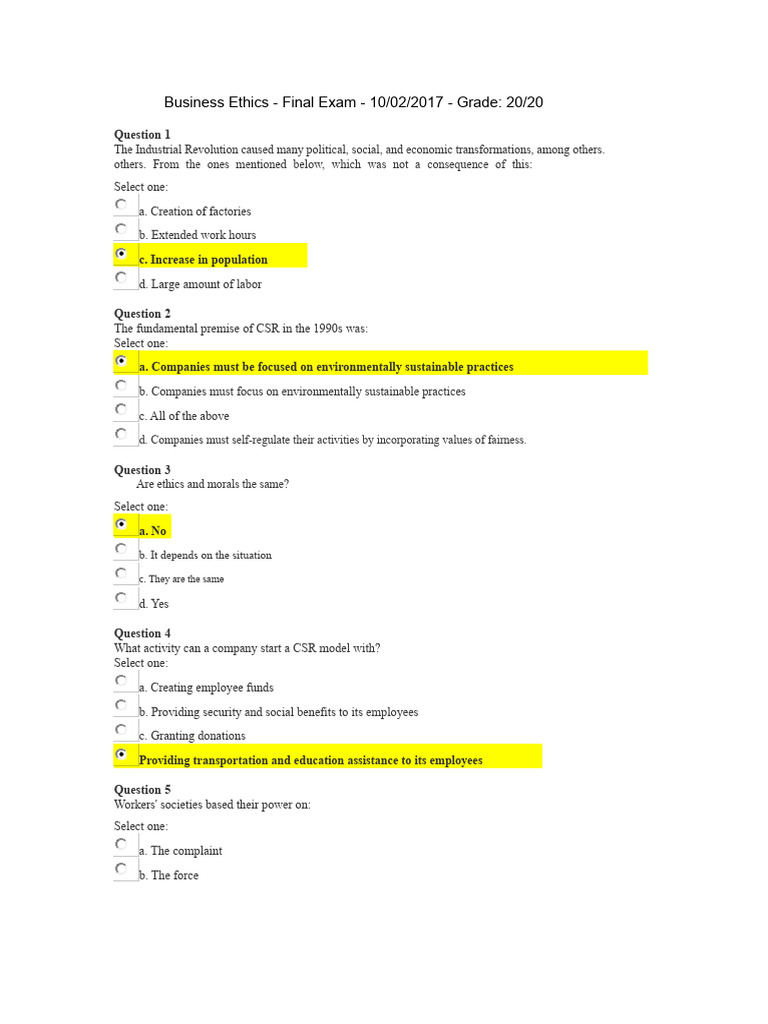 Business Ethics Exam Questions and Answers | PDF | Corporate Social ...