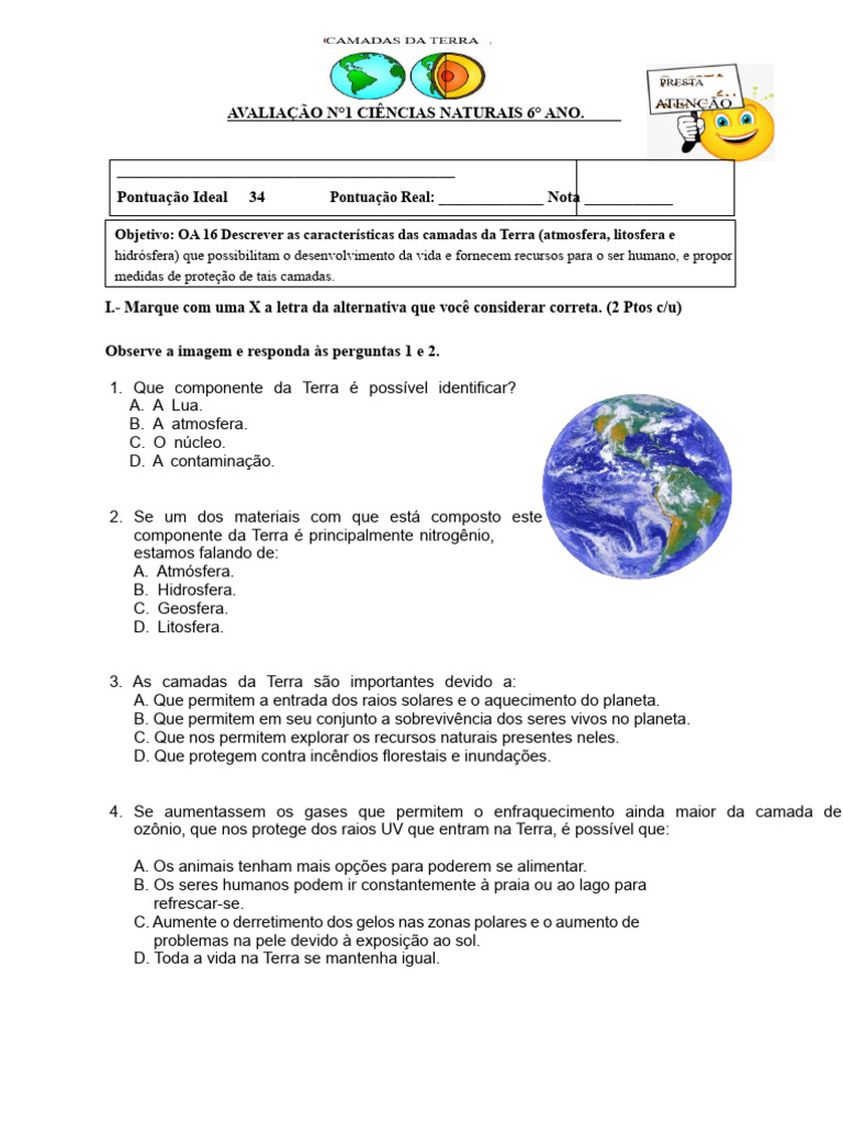 6° Ano - Ciências - Prova Camadas Da Terra | PDF | Terra | Água