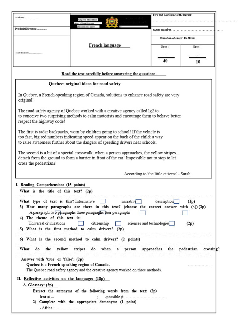 Standardized Exam (1) Local in French | PDF | Grammatical Conjugation ...
